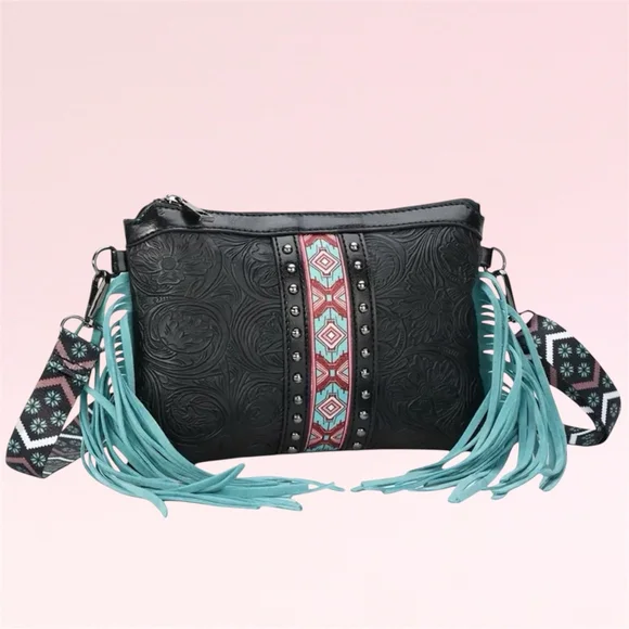 Black Crossbody with Fringe and Stud Detail Western - Picture 6 of 9